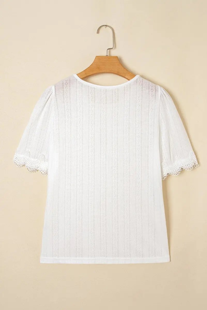 White Scalloped Lace Trim Jacquard Textured T Shirt for Women - Love Salve